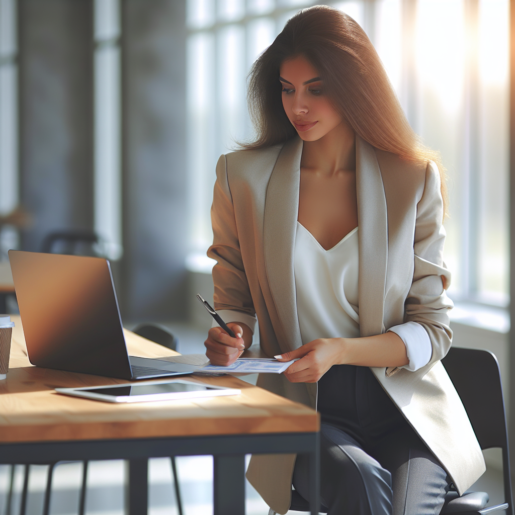 mujer en una oficina luminosa de estilo moderno revisando su agenda, vestida con pantalón negro recto, blusa blanca y blazer beige, con portátil y taza de café sobre un escritorio ordenado